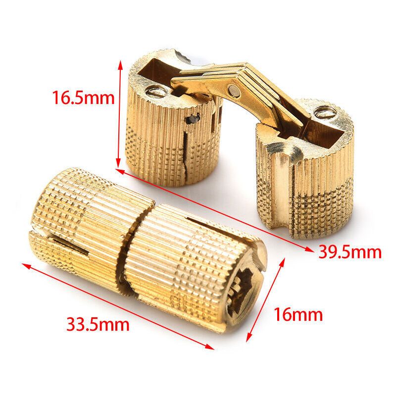 2 Pcs Brass Hidden Invisible Barrel Hinges for Wooden Door Cabinet Caravan, 16 mm