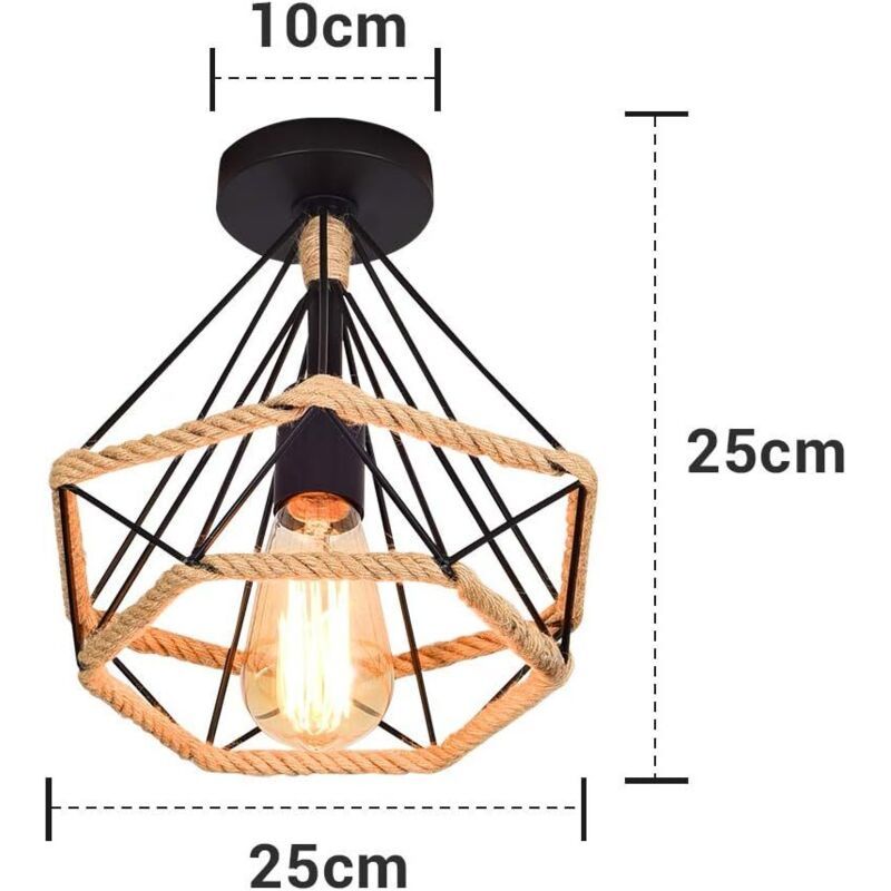 Vintage Industrial Metal Cage Ceiling Lamp with Hemp Rope, 25 cm