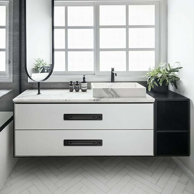 4 Pcs Black Sliding Barn Door Handles with Stainless Steel Plate, 128 mm Hole Spacing
