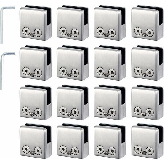 16 Pcs Stainless Steel Square Glass Clamps for Stair Railing, 8 to 10 mm