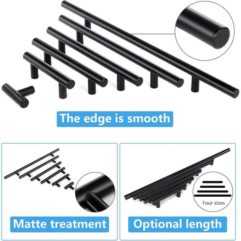 10 Pcs Black Stainless Steel Kitchen Cupboard Door Handles, 192 mm Hole Spacing