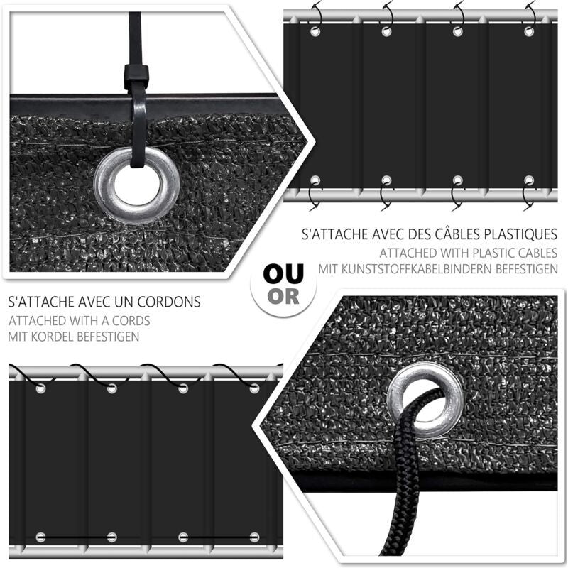 Black HDPE Balcony Privacy Screen 200g m2 with Cable Ties and Cords, 500 x 90 cm