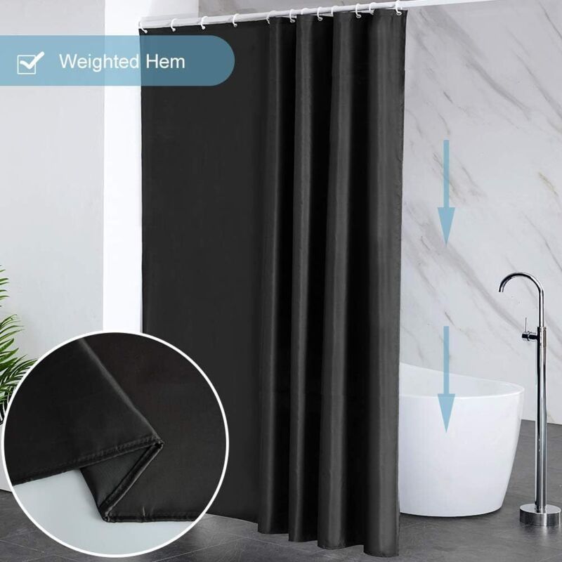 Anti Mildew Black Polyester Shower Curtain with Hooks, 260 x 200 cm