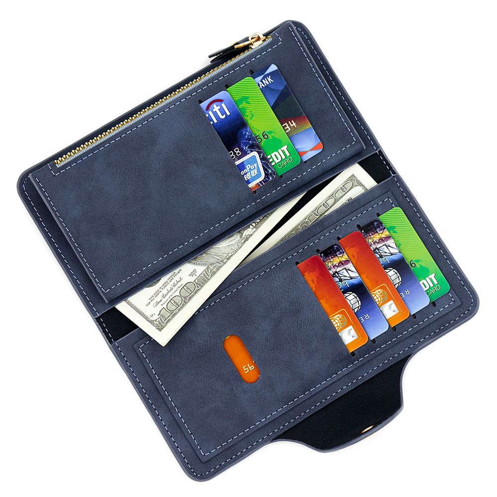 Women's PU Leather Long Wallet with Zipper and Button Closure, Multi-Compartment Clutch Purse, Black