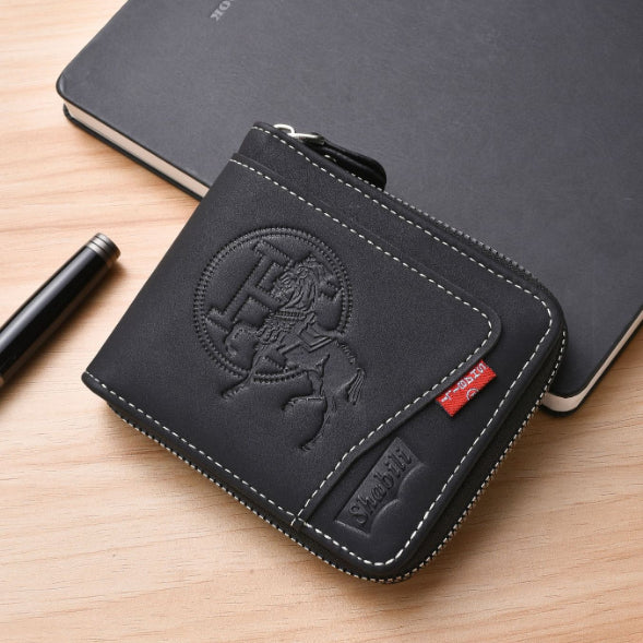 Men's Leather Wallet with Zipper and Horse Embossed Design, Multi-Card Bifold Wallet, Black