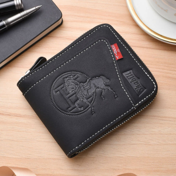 Men's Leather Wallet with Zipper and Horse Embossed Design, Multi-Card Bifold Wallet, Black