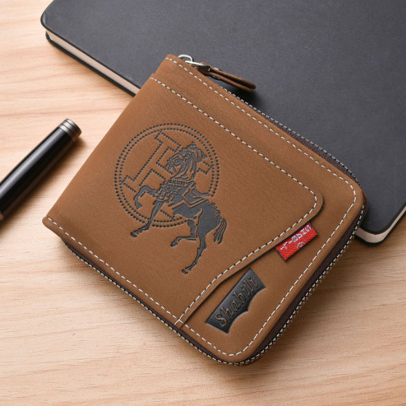 Men's Leather Wallet with Zipper and Horse Embossed Design, Multi-Card Bifold Wallet, Brown
