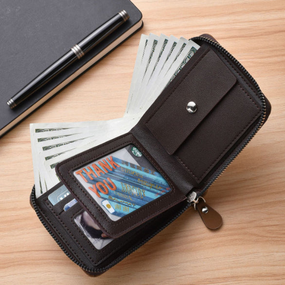 Men's Leather Wallet with Zipper and Horse Embossed Design, Multi-Card Bifold Wallet, Brown