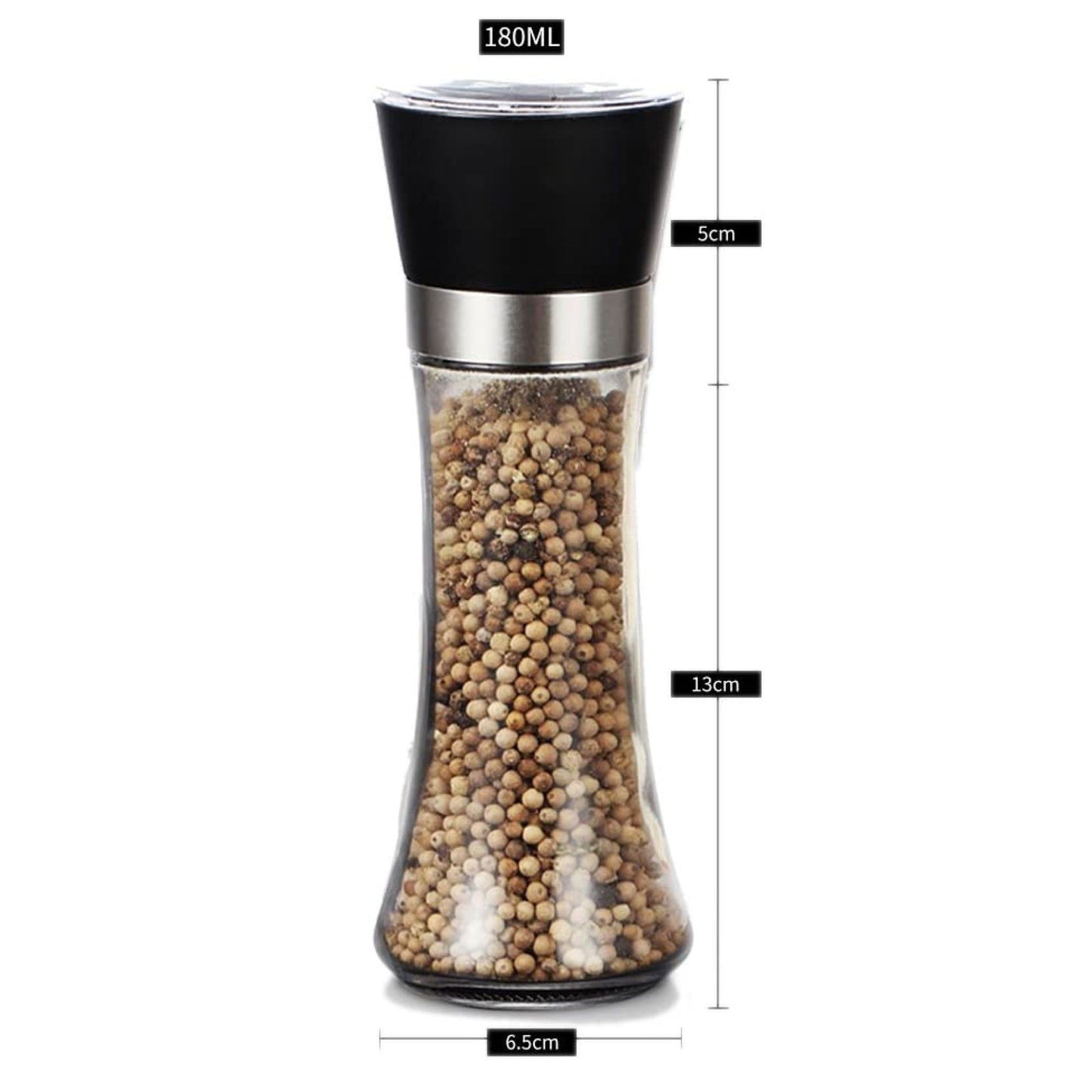 180 ml Glass Salt and Pepper Grinder, 18 cm Manual Mill with Adjustable Ceramic Core