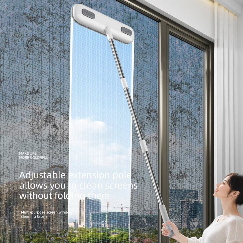 2-in-1 Window Screen Cleaning Brush with 82 cm Extendable Stainless Steel Handle, Wet and Dry Mesh Cleaner
