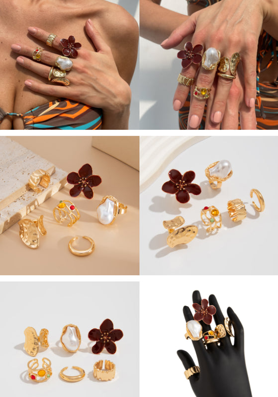 6-Piece Gold Stackable Ring Set with White Enamel Flower and Baroque Pearl, Adjustable Women's Jewelry