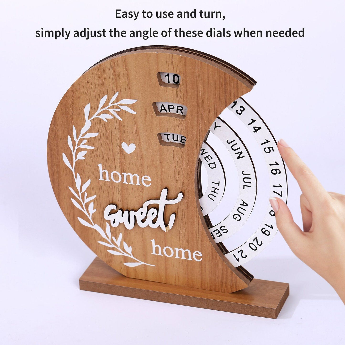 Rustic Wooden Perpetual Calendar, Moon Shape Desk and Home Decor, 20 x 18 cm