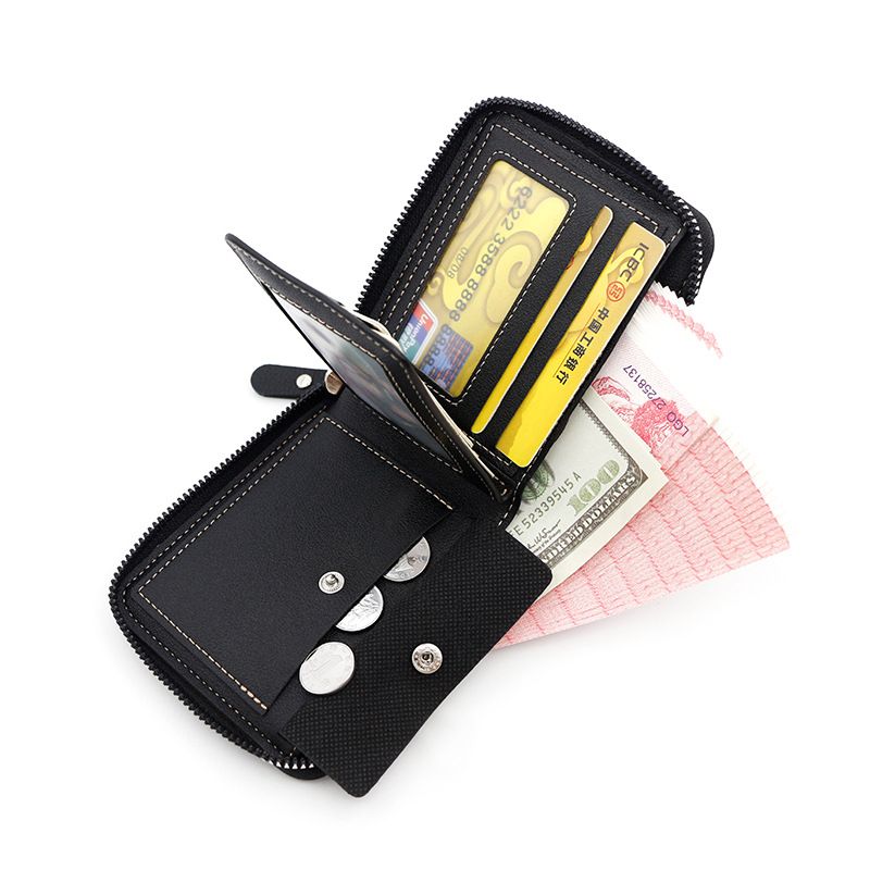 Men's PU Leather Wallet with Zipper and Horse Embossed Design, Multi-Card Bifold Wallet, Grey