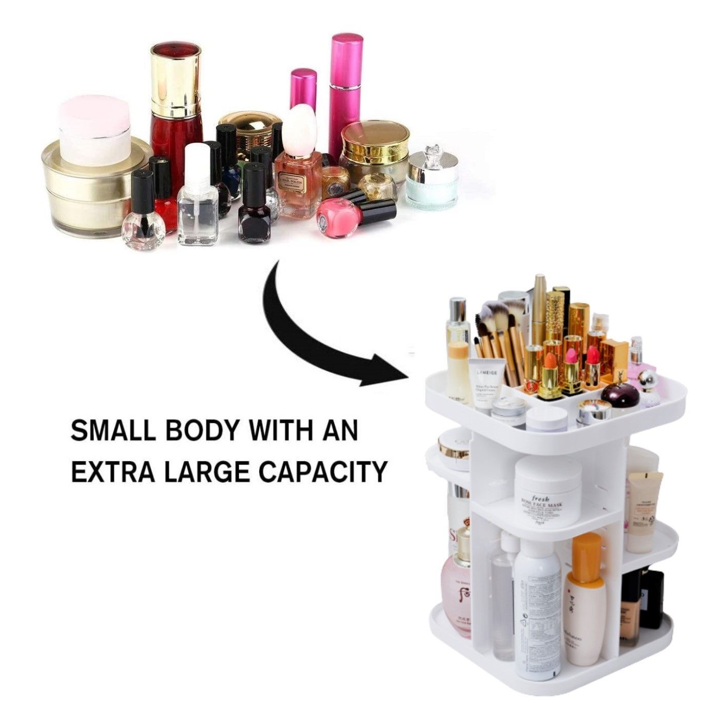 360 Rotating Makeup Organizer, Large Capacity Cosmetic Storage for Bedroom and Bathroom, White