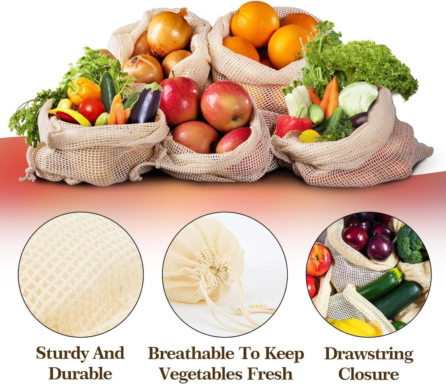 Set of 10 Reusable Mesh Produce Bags, Washable Grocery Storage Bags