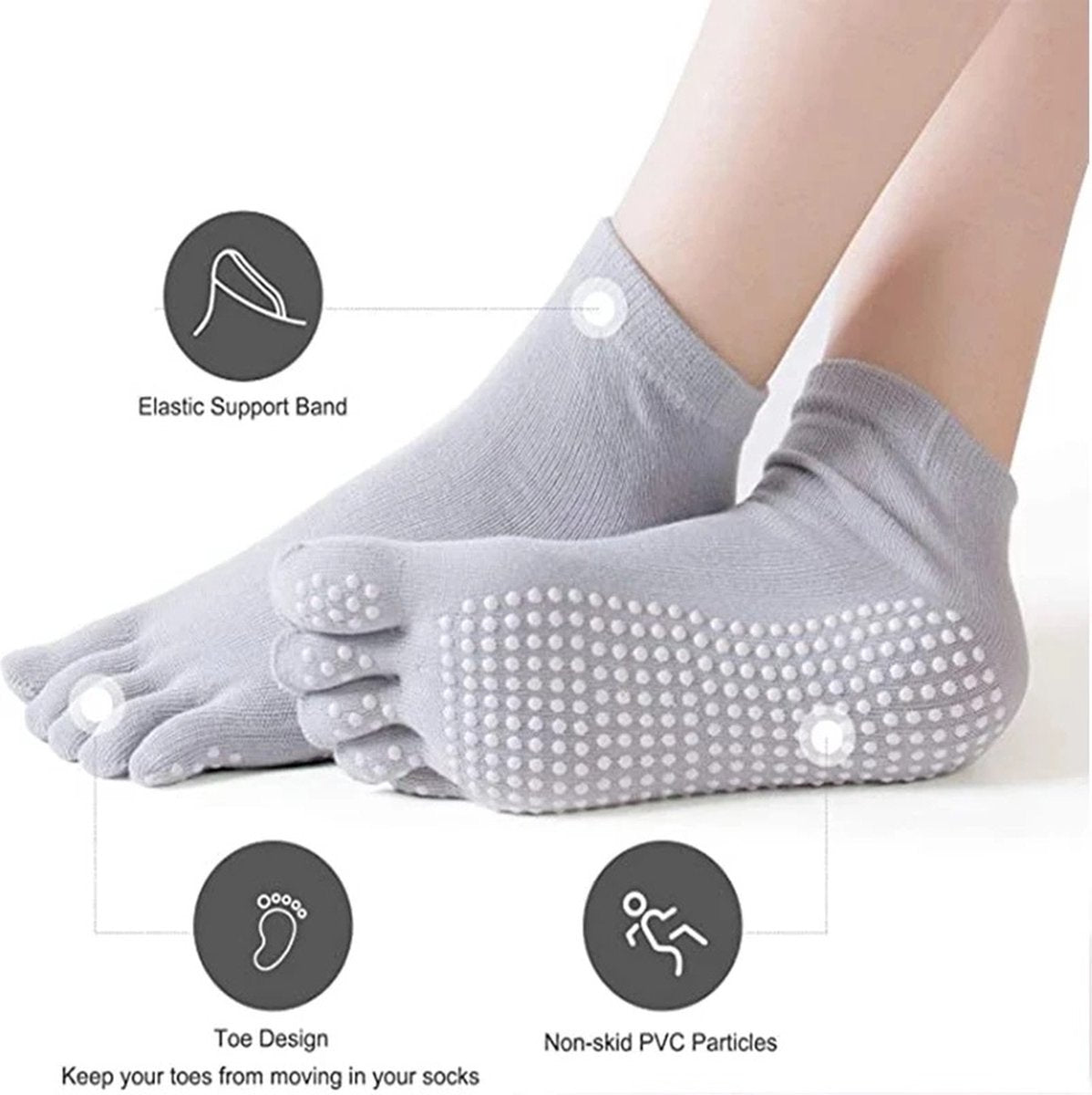 Full Toe Yoga Socks | Full Toe Yoga Sock | With Anti-Slip Bottom | Anti-Slip Socks | Pilates Socks | Size 36-40 | Grey with Colors