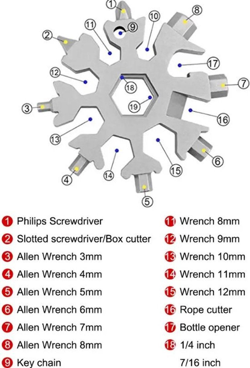 18 in 1 Multipocket Tool | 18 Functions | Stainless Steel | Multitool Keychain | Bicycle Tools | Snowflake | Black