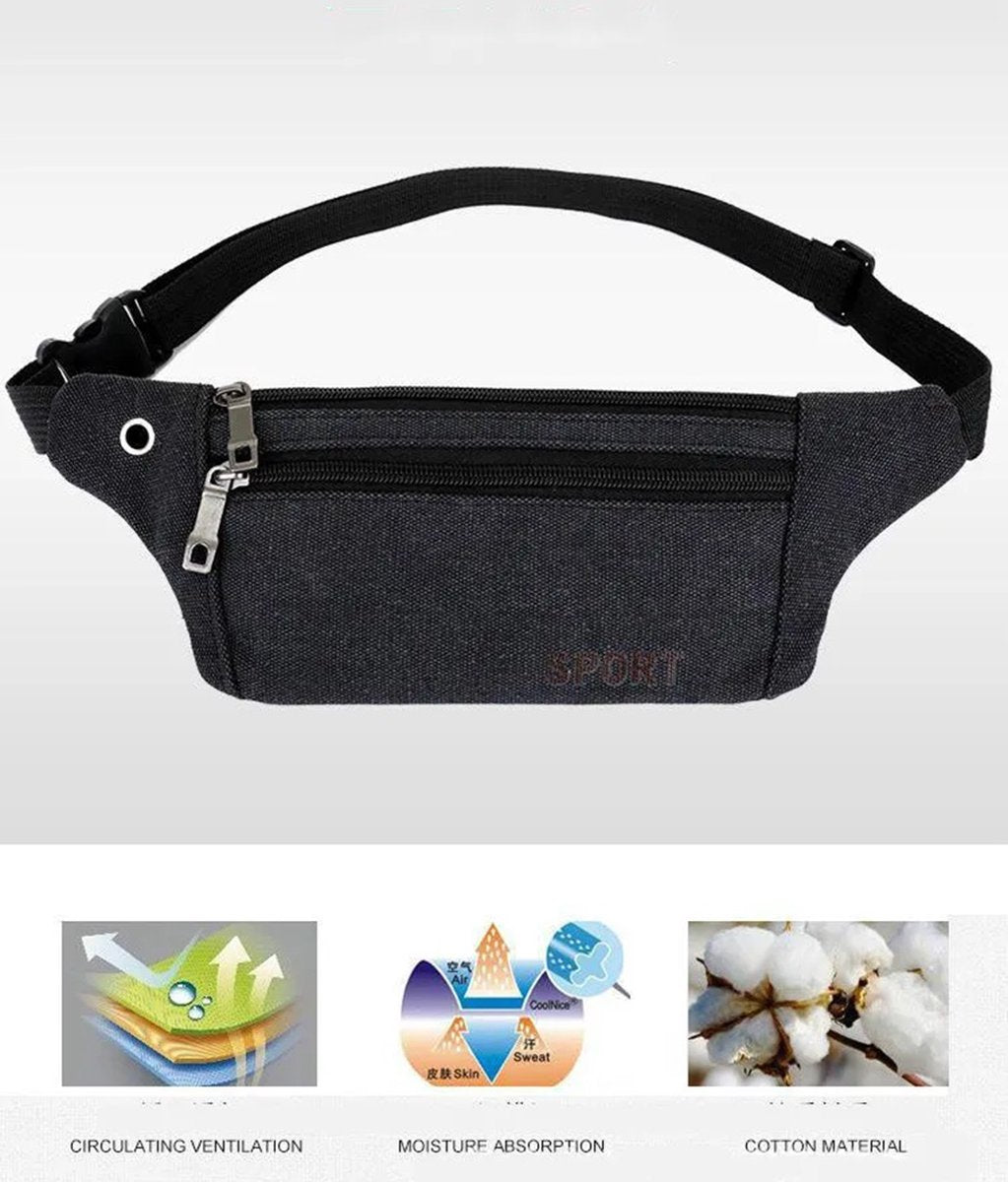 Sporty Waist Bag | Running Belt | Fanny Pack | Crossbody Bag | With Phone Holder & Cable Opening | Running Bag | Unisex | Black