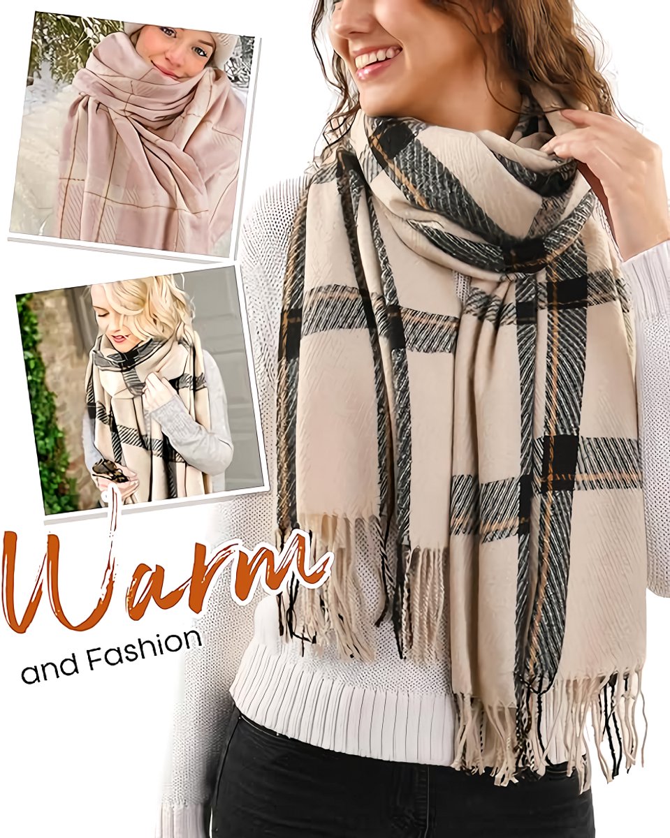 Women's Winter Scarf Cashmere Feel Scarf Fringes Checked Large Oversized Scarves Wraps (Green)