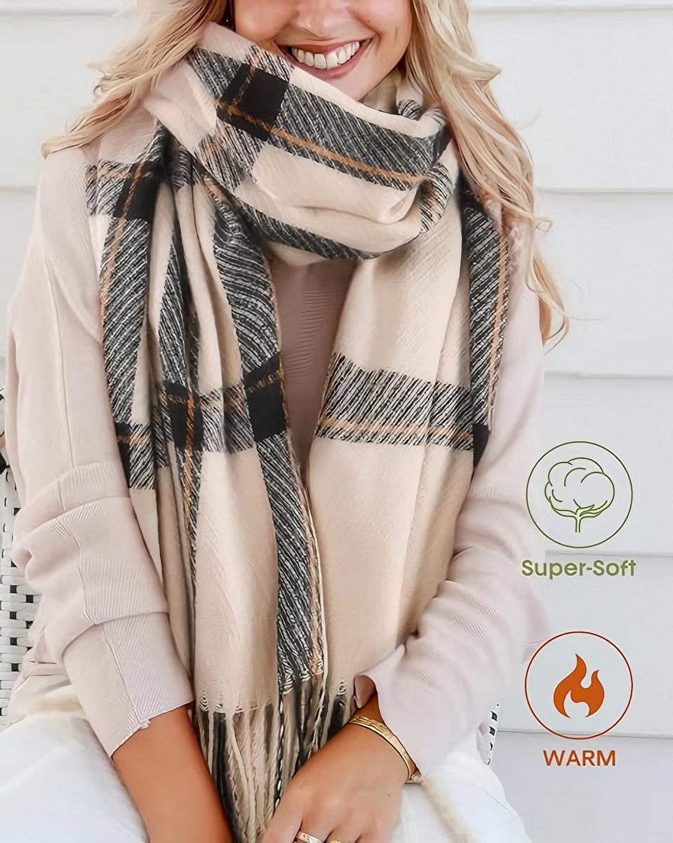 Women's Winter Scarf Cashmere Feel Scarf Fringes Checked Large Oversized Scarves Wraps (Green)