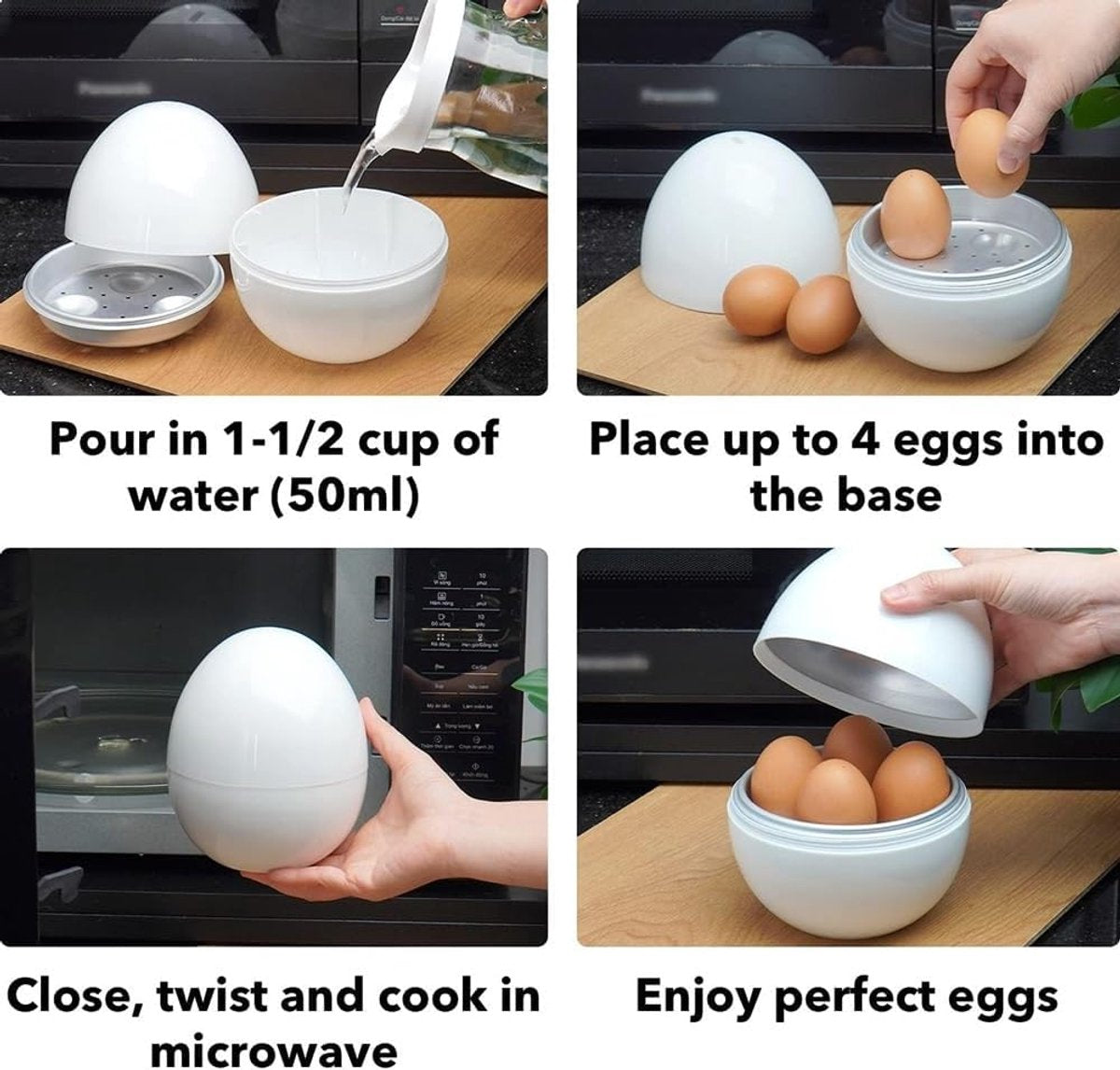 Egg cooker - Pressure cooker with 4 eggs for hard and medium-boiled eggs - Fast microwave egg cooker - Cooking time of 9 minutes - User-friendly microwave egg poacher