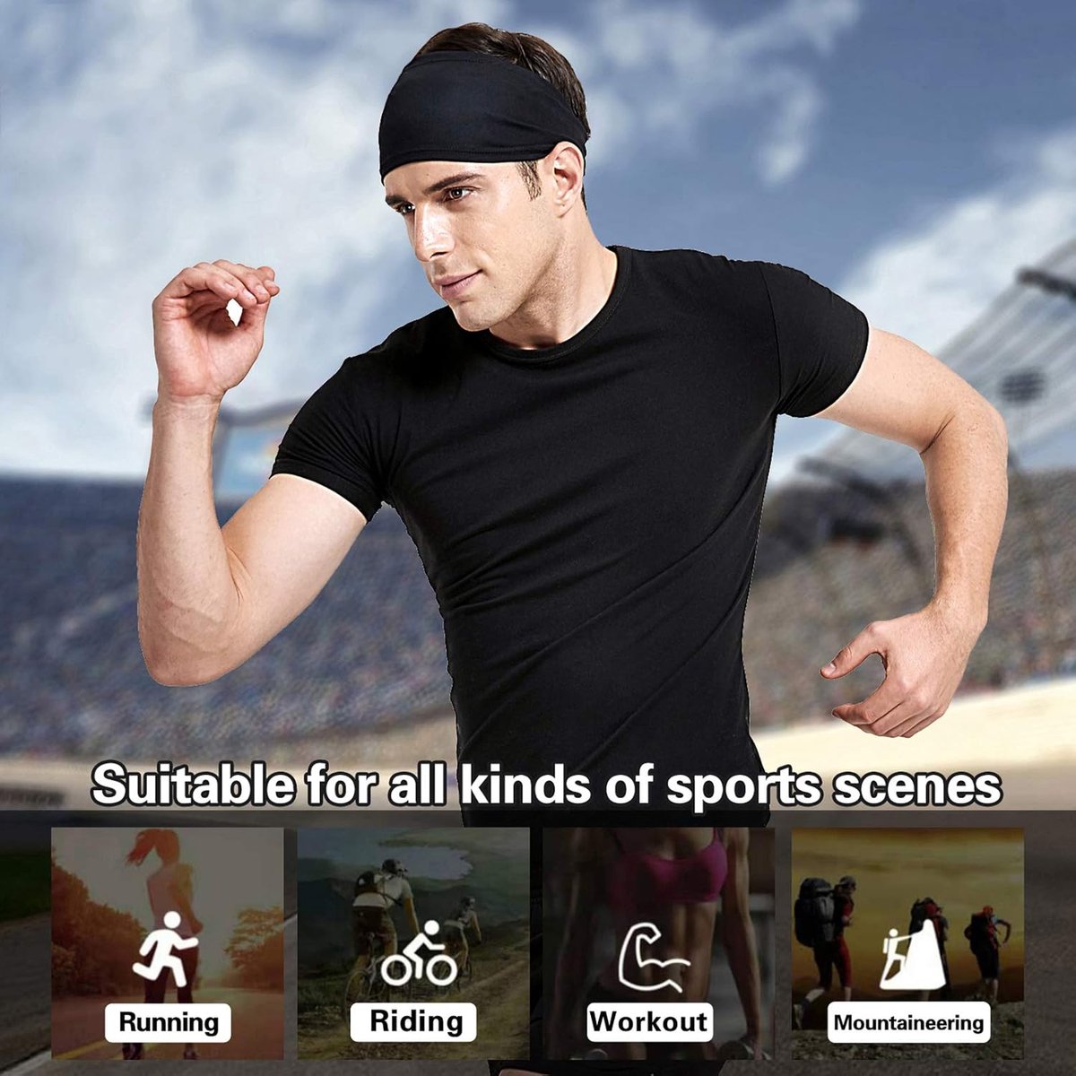 Men's Headbands - 5-pack - Sweat-wicking headbands for men - Suitable for running, cycling, basketball, yoga, fitness training - Elastic unisex headbands