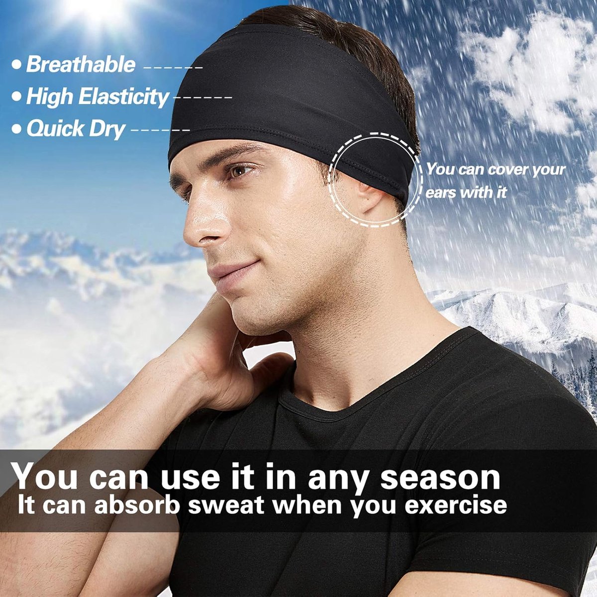 Men's Headbands - 5-pack - Sweat-wicking headbands for men - Suitable for running, cycling, basketball, yoga, fitness training - Elastic unisex headbands