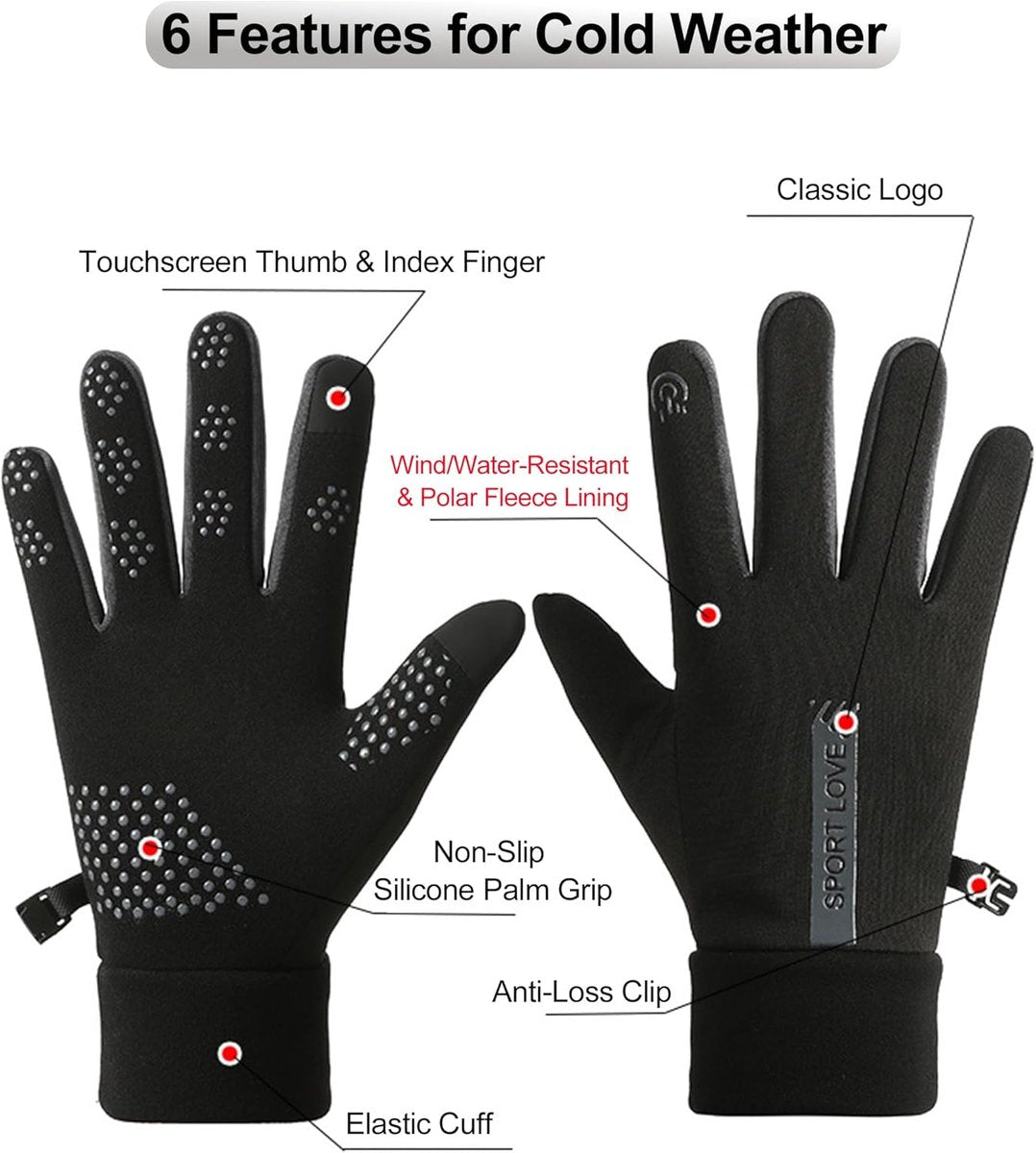Warm winter gloves - Touchscreen operation - Warm fleece lining, Windproof - Suitable for cycling and driving, Non-slip black