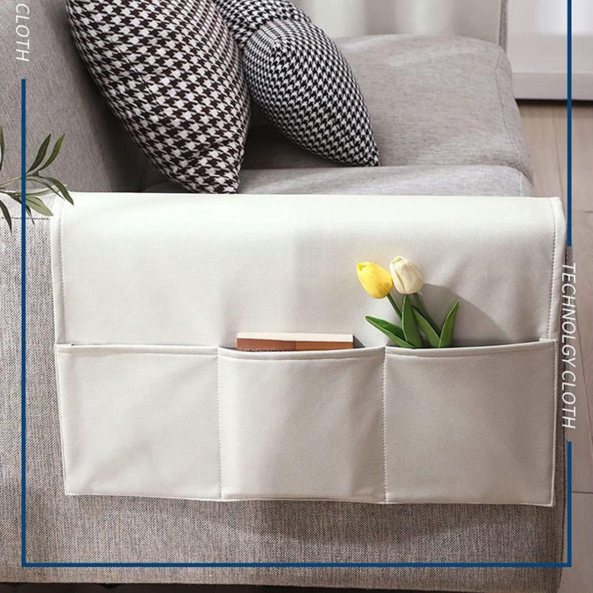Sofa Armrest Storage - 5 Compartments - Reinforced Tech Fabric - Remote Control Holder - White (60*110CM)