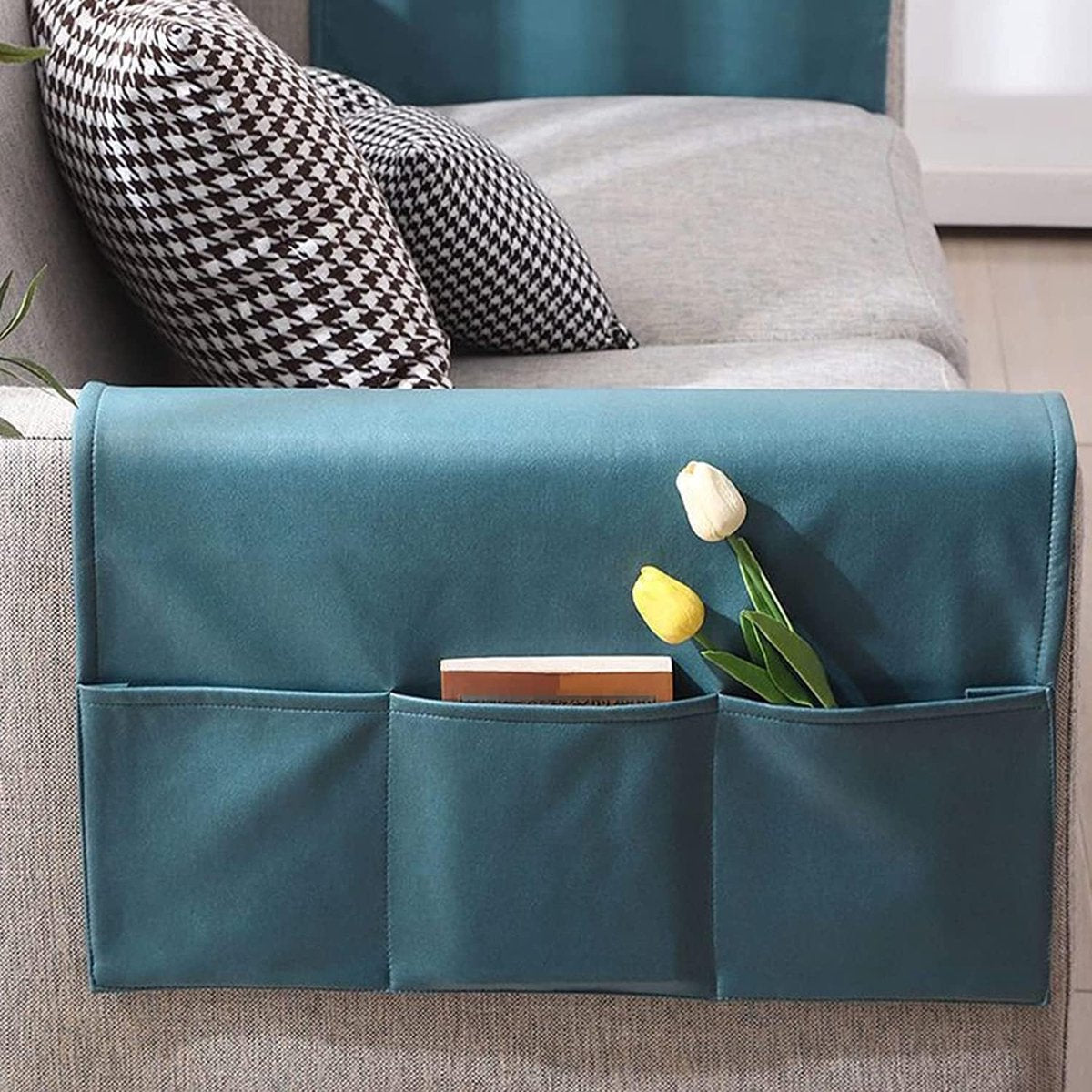 Sofa Armrest Storage - 5 Compartments - Reinforced Tech Fabric - Remote Control Holder - White (60*110CM)