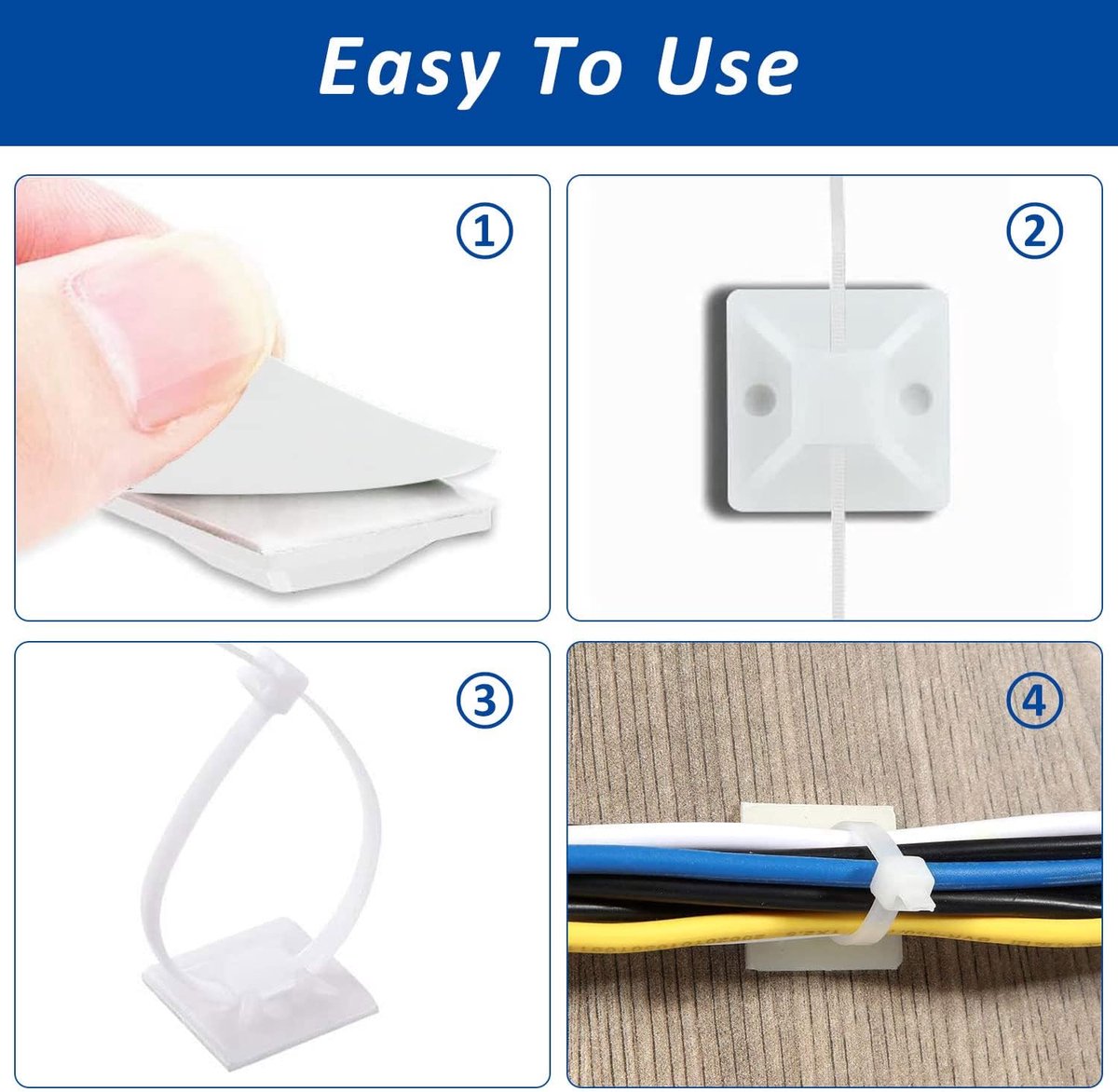 100 pieces 25 mm × 25 mm self-adhesive cable tie base holders (white)