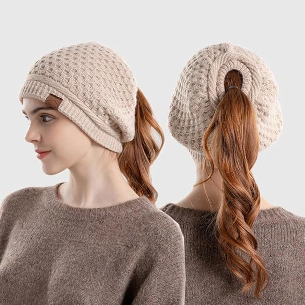 Women's winter hat - Knitted hat - Knitted hat with ponytail opening - Oversized cable-knit winter hat - Hat with skull motif