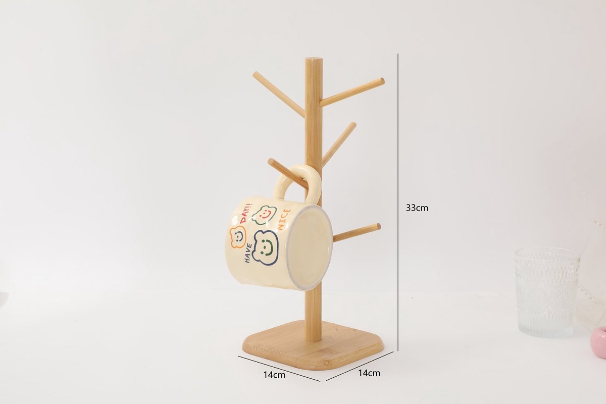 Bamboo Coffee Cup Tree - 6 Hooks - Space-saving - Stable - For Kitchen Table or Coffee Bar