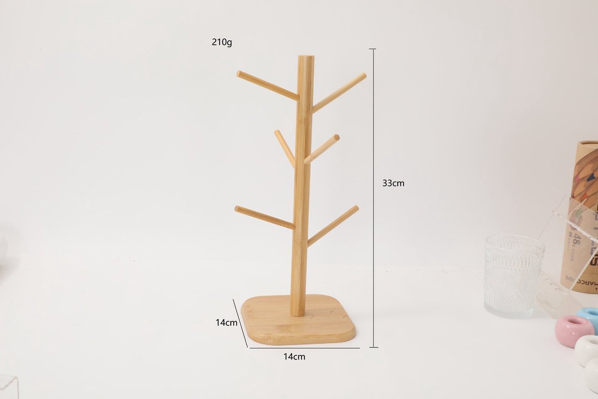 Bamboo Coffee Cup Tree - 6 Hooks - Space-saving - Stable - For Kitchen Table or Coffee Bar