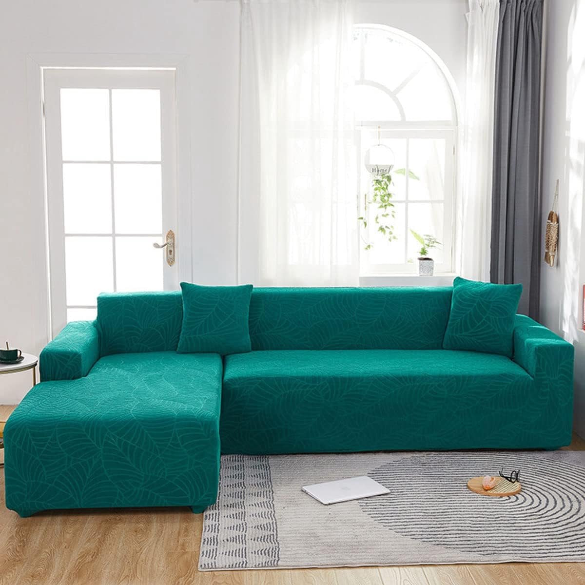 Waterproof sofa cover - Bright green jacquard leaf pattern - For single sofa (90-140 cm)