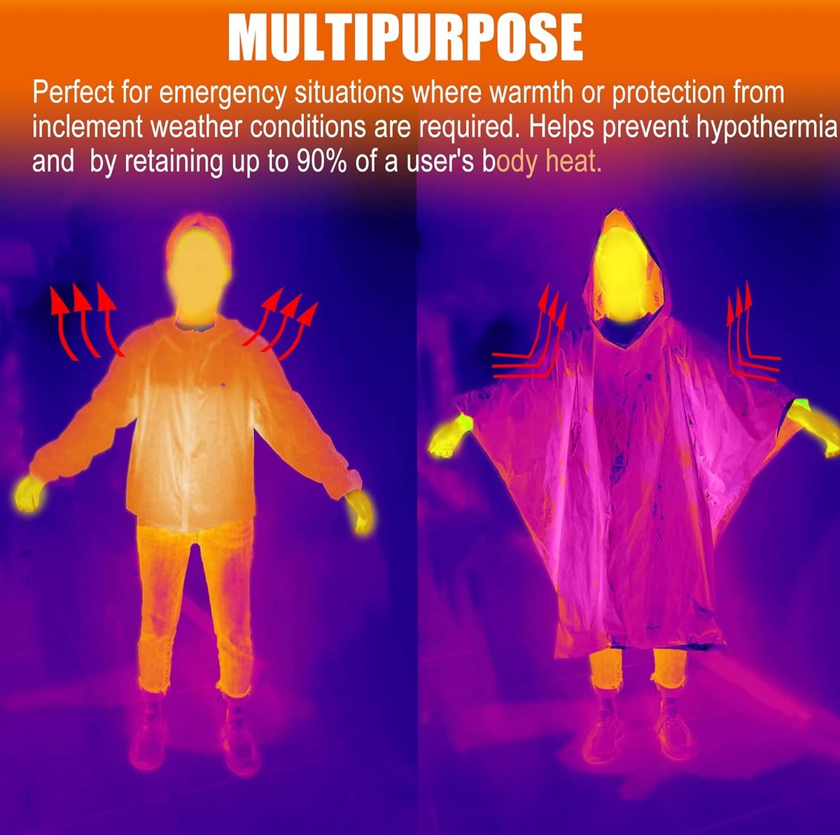 4 pieces - Waterproof survival blanket - Emergency blanket - 125cm*100cm - Reversible - with Hood - Waterproof - Windproof - Portable - Thermal emergency blanket - Rescue blanket - Insulation blanket - Foil Blanket Insulated Survival Blankets