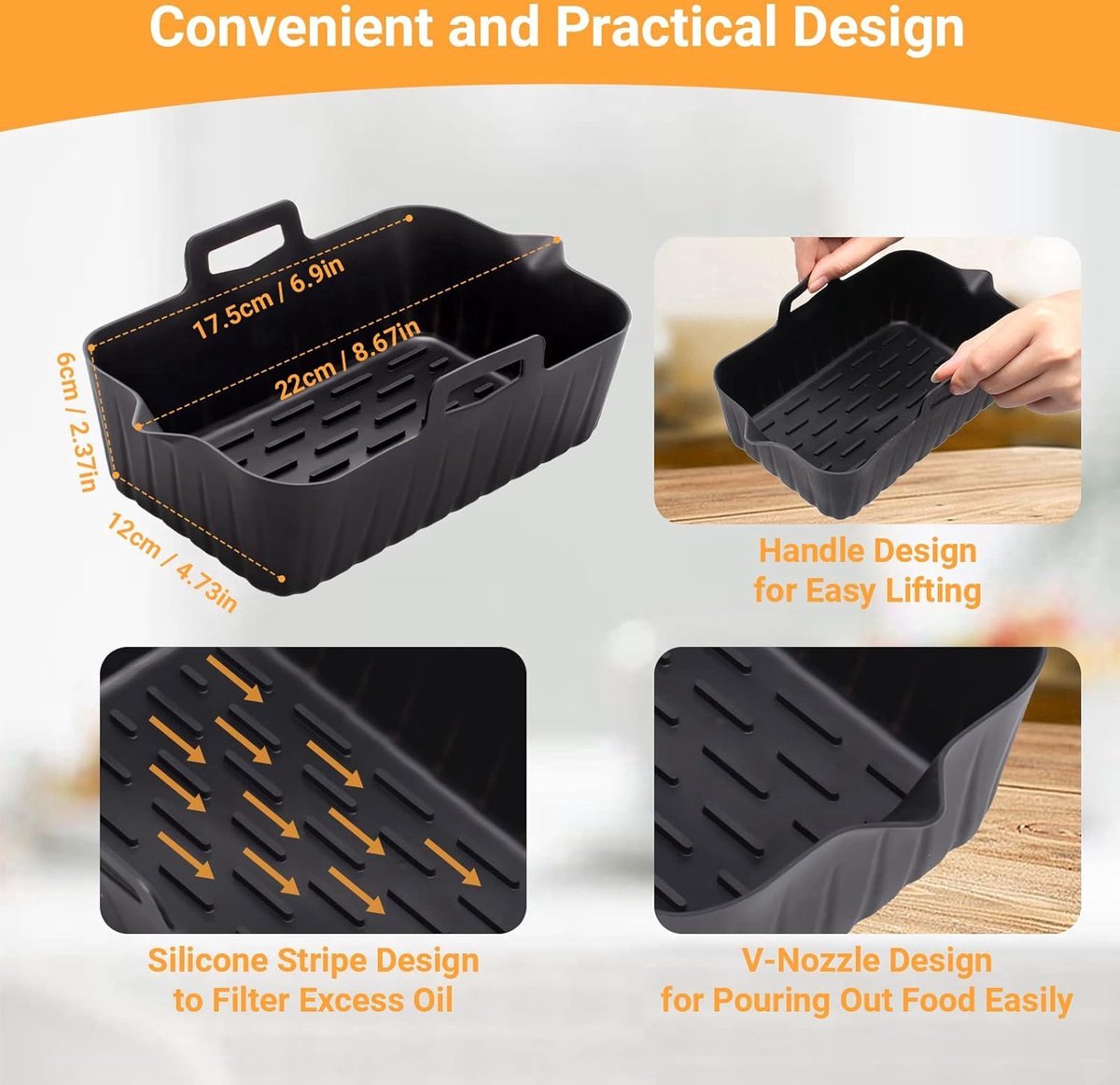 2 Airfryer Silicone Trays - Airfryer Accessories - BPA Free - Baking Paper Alternative - Airfryer Trays - Airfryer Liner - Rectangular - Airfryer Silicone Baking Paper - 17.5x12x6 Cm - Baking Mold - Black - Sustainable - Non-Stick - Dishwasher Safe