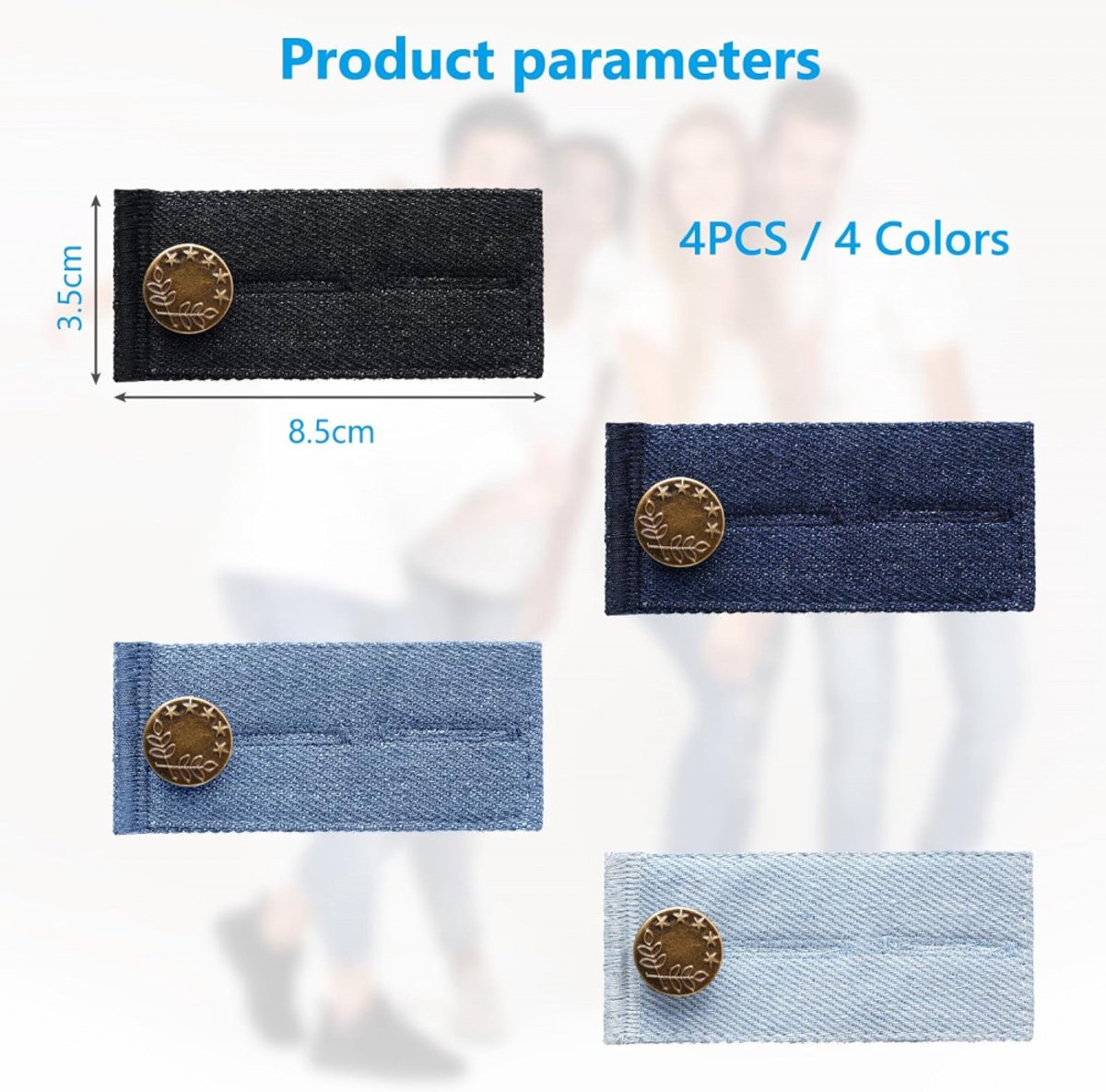 Buttonhole Extender 4 Pieces Denim - Trouser Extender - Jeans Trouser Extender - Trouser Widening Button - Trouser Buttonhole Extender - Button Extender - Jeans Extension Button - Maternity Trouser Extender - Buttonhole Elastic - Jeans Buttons