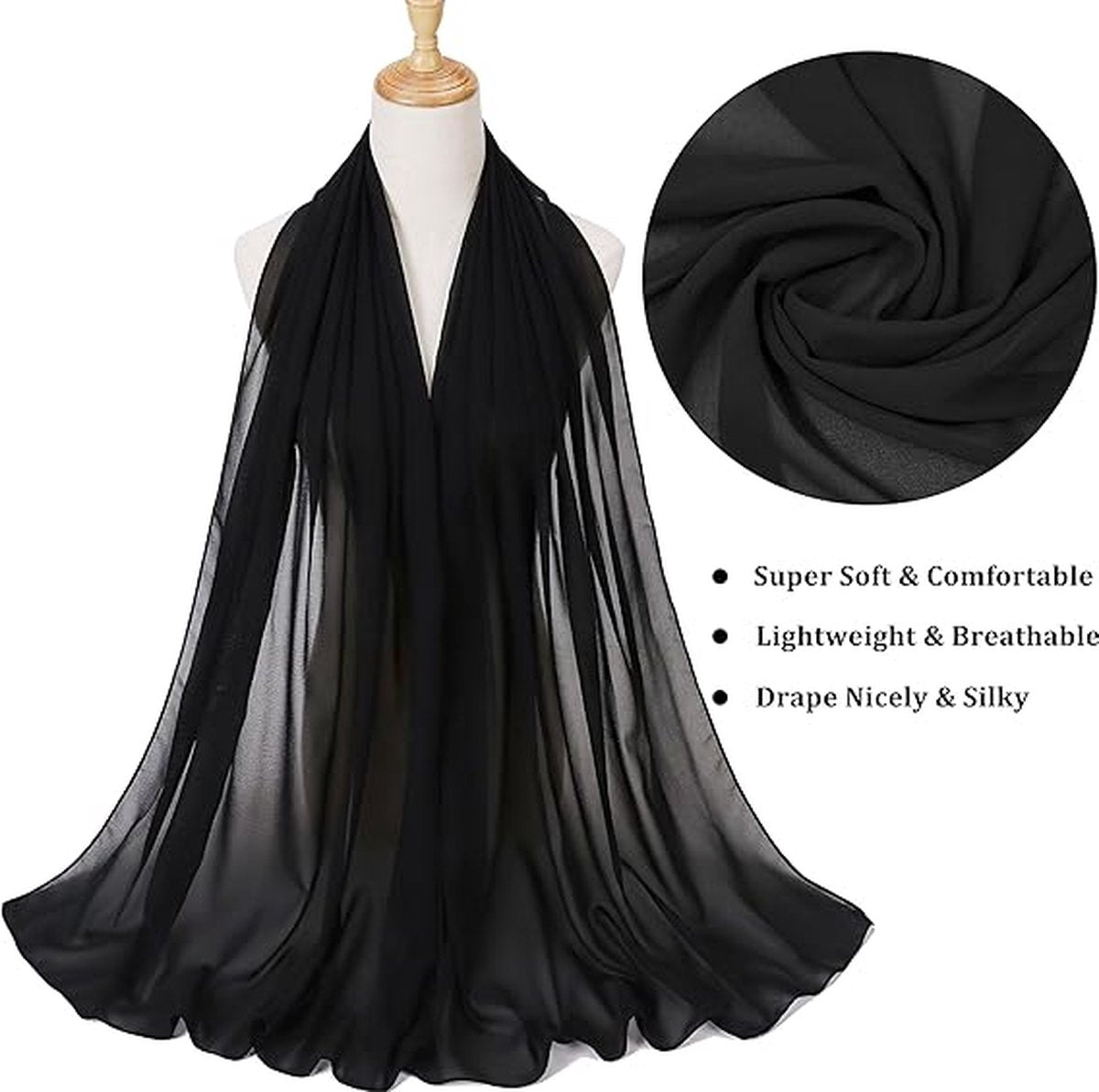 Women's Scarf - Wrap - 200*70 Cm - Soft & Skin-Friendly - Silk Sheen - Thin Wrap Scarf - Fashion Scarf - Scarf for Women - Ladies' Scarf - Stole - Neck Scarf - Women's Scarf - Long Satin Wrap Scarf - Black - Gift - Elegant