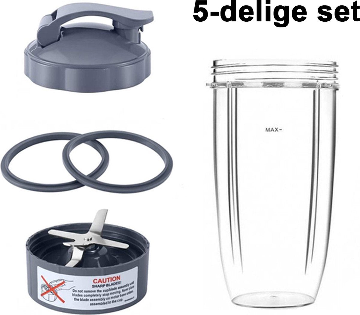 5 Pieces - Suitable for Nutribullet Blender Cup and Blade Replacement Set - Includes Large 32 Oz Cup - 1 Flip-Up Carrying Lid - 1 Premium Extractor Blade - 2 Rubber Seals - Compatible with Nutribullet 600w/900w Blenders