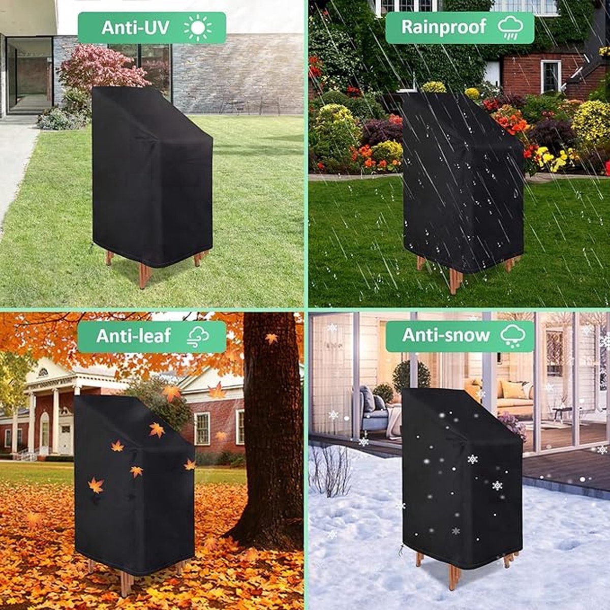 2-Piece Garden Chair Cover - Garden Chair Protective Cover - Durable - Waterproof - With Buckle and Drawstring - Dustproof - Anti-UV - Protect - Fixed - Stackable Chair Storage Cover - Chair Cover - Handles on Both Sides - 64*64*120 cm - Black