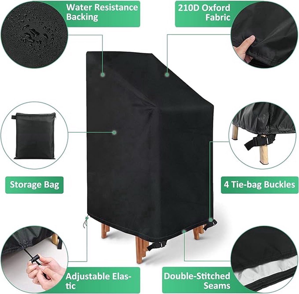 2-Piece Garden Chair Cover - Garden Chair Protective Cover - Durable - Waterproof - With Buckle and Drawstring - Dustproof - Anti-UV - Protect - Fixed - Stackable Chair Storage Cover - Chair Cover - Handles on Both Sides - 64*64*120 cm - Black