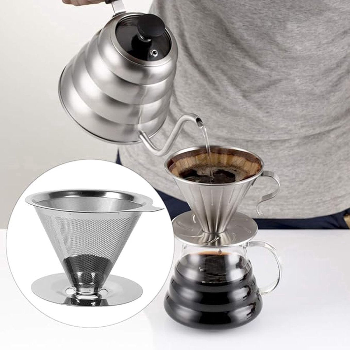 Reusable coffee filter for 6 cups - stainless steel permanent filter - clean after use