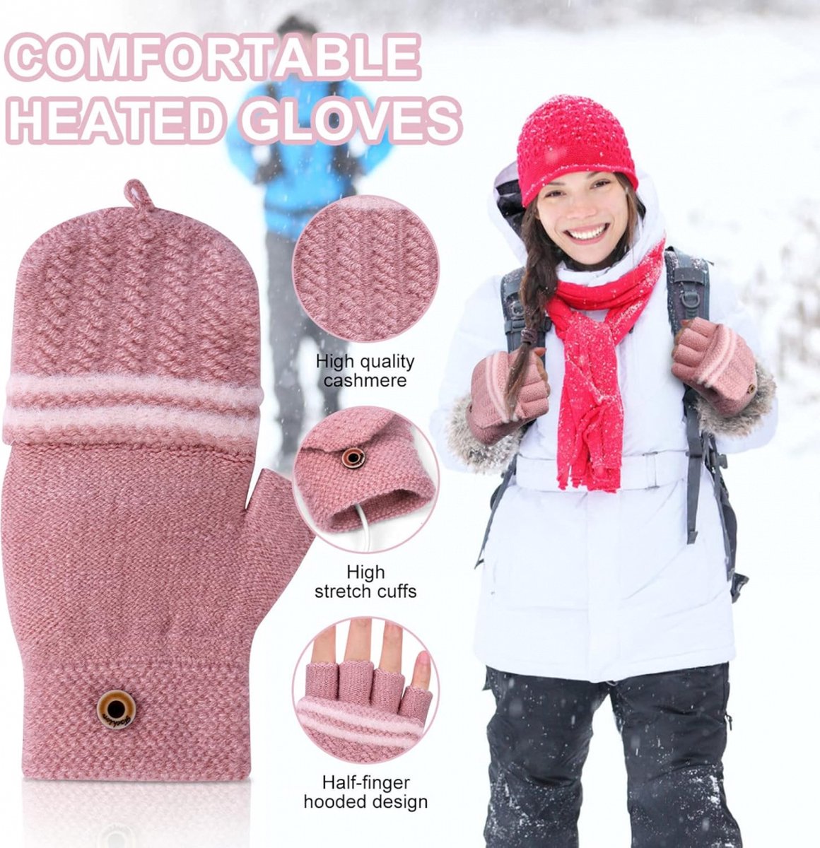 Heated Gloves - USB Heated Mittens - Heated Gloves - Electric Winter Gloves - Knitted Heated Gloves - Waterproof - Windproof - USB Rechargeable - Electrically Heated - One Size - Unisex - Winter Gift - Pink