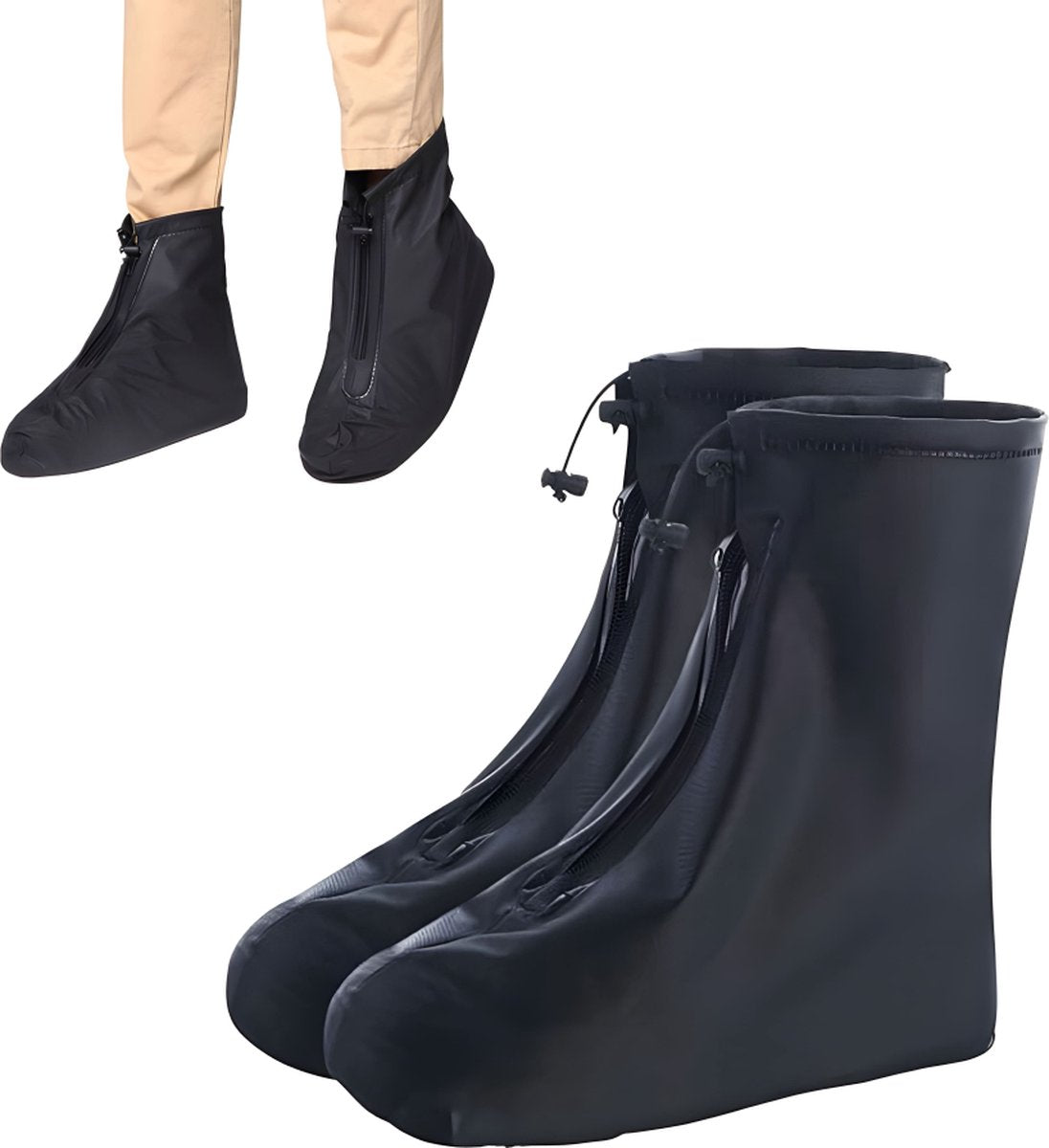 Waterproof Shoe Covers - Rain Shoe Covers - with Zipper and Drawstring - Waterproof Shoe Protectors - Motorcycle Scooter Bicycle Shoe Cover - Shoe Rain Cover - Shoe Cover - Shoe Covers - Anti-Slip - Size 41-42 - Black