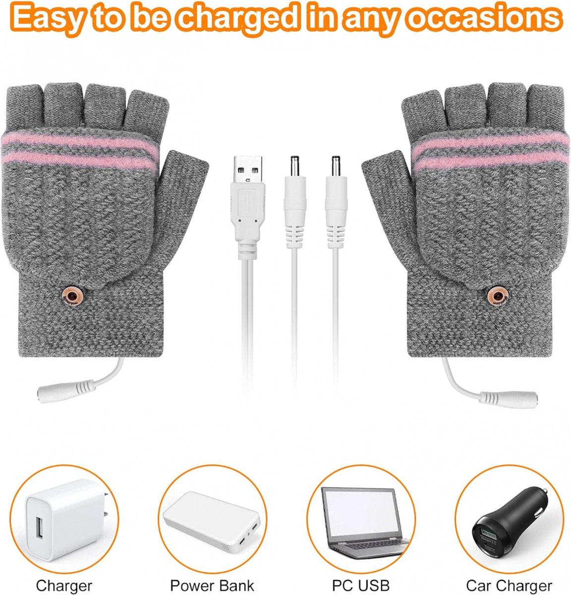 Heated Gloves - USB Heated Mittens - Heated Gloves - Electric Winter Gloves - Knitted Heated Gloves - Waterproof - Windproof - USB Rechargeable - Electrically Heated - One Size - Unisex - Winter Gift - Grey