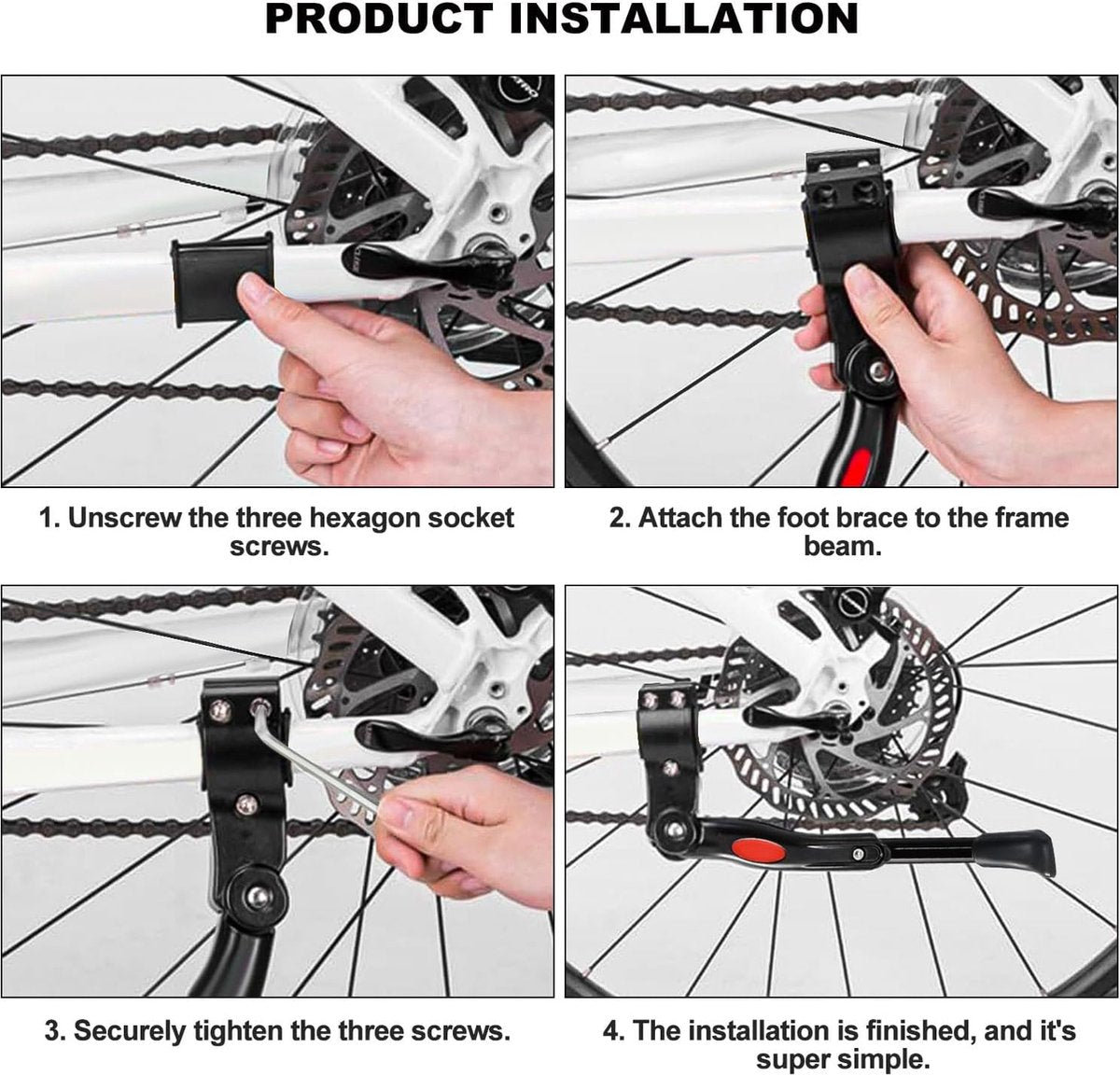 Single Adjustable Bicycle Kickstand - Suitable for 22'' to 17'' - Single Bicycle Stand - Side Stand - Aluminum Stainless Steel - Sturdy Wide Base - Easy to Install - Universal - Black - Bicycle, E-Bike, City Bike & Mountain Bike - With Hex Wrench