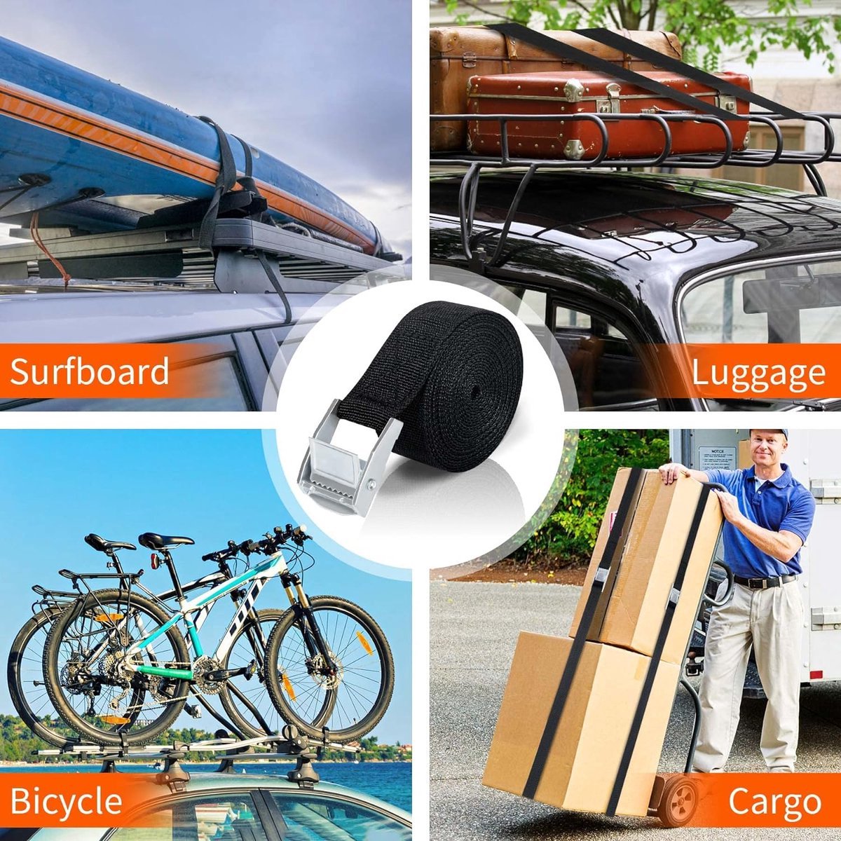 8 High Quality Tie-Down Straps - 20mm X 1m - Lashing Straps / Bicycle Tie-Down Straps with Clamp Buckle - Tie-Down Straps with Metal Buckle - Durable - Sturdy - Portable - Tear-Resistant - Black - Tie-Down Straps - Fastening Straps