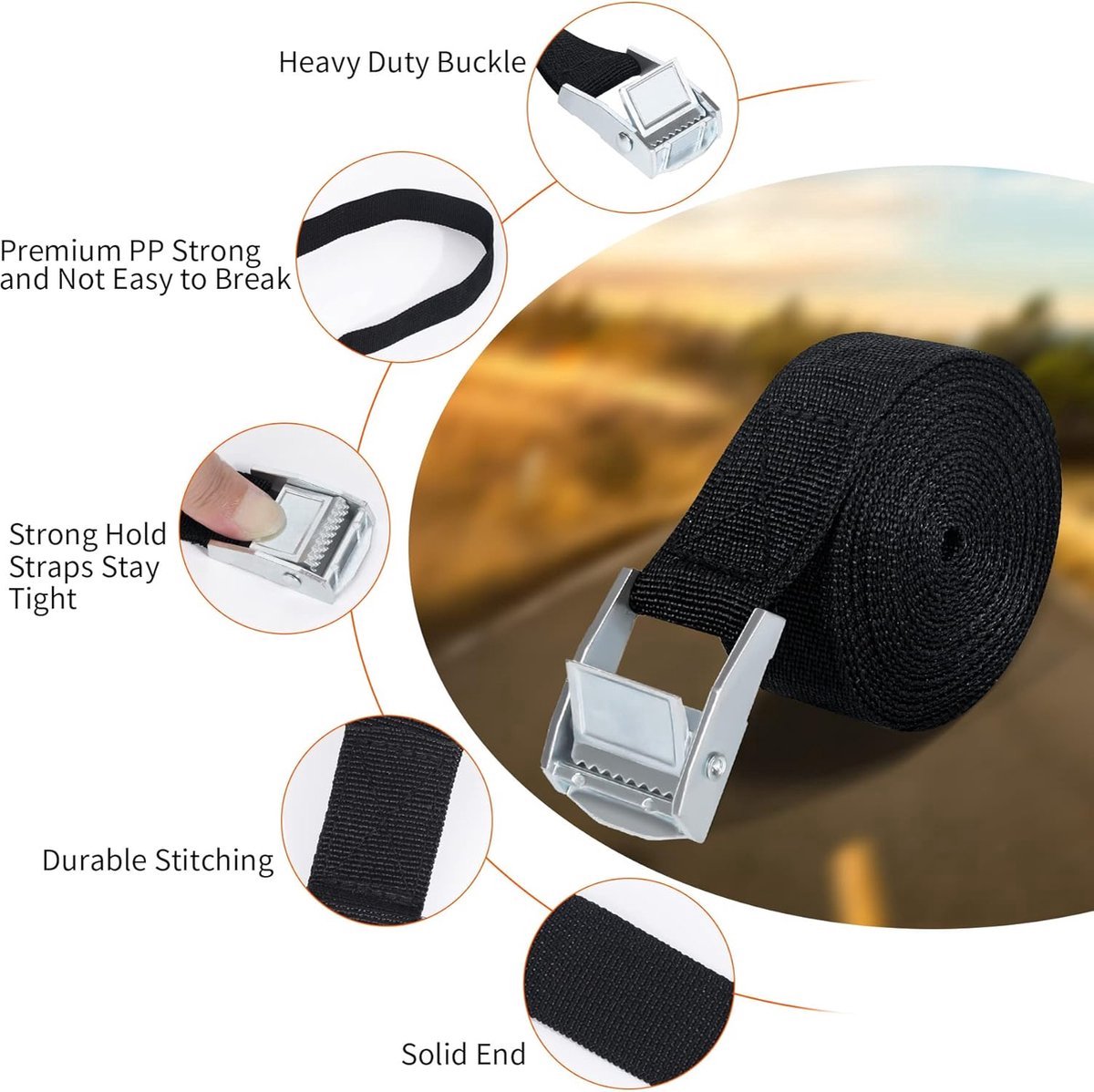 8 High Quality Tie-Down Straps - 20mm X 1m - Lashing Straps / Bicycle Tie-Down Straps with Clamp Buckle - Tie-Down Straps with Metal Buckle - Durable - Sturdy - Portable - Tear-Resistant - Black - Tie-Down Straps - Fastening Straps
