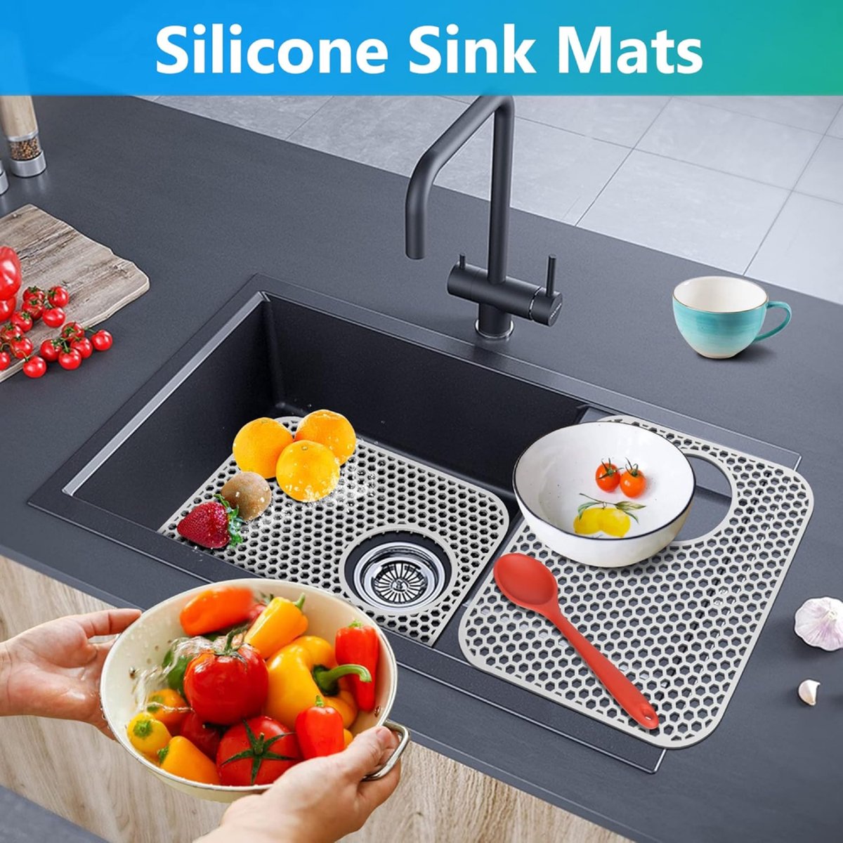 Sink Mat - Grey - 30 X 35 Cm - Kitchen Accessories - Sink Protector - Sink Mat - Washbasin Mat - Draining Mat - Countertop Mat - Silicone Coasters - Silicone - Anti-Scratch - Sink Accessories - For Sink, Cutlery And Glassware
